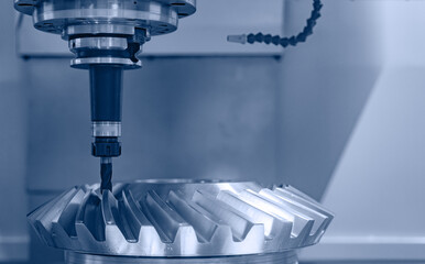 Producing turbine wheel and blades part with CNC drill machine five axis lathe. Concept modern technology for industry