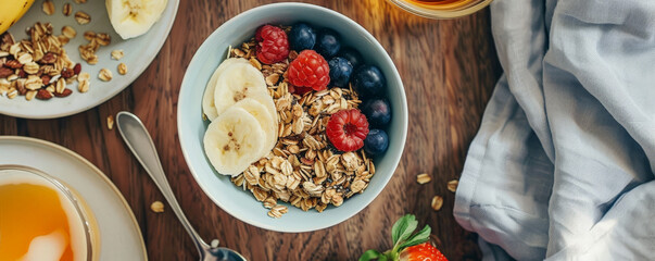 A minimalist breakfast table with a simple bowl of granola, fresh fruits, and a glass of herbal tea.