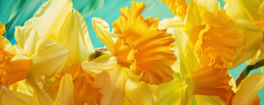 A detailed view of yellow daffodil petals, overlapping on a floral background, highlighting their bright color and trumpet-like shape.