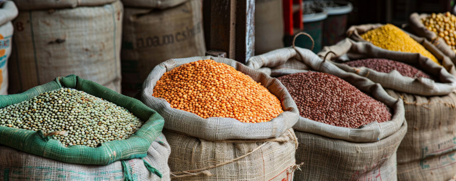A vibrant market scene with sacks of different lentils, showcasing their diverse colors and inviting appearance.