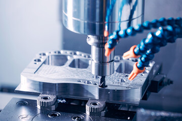 Modern CNC milling machine during operation, blue toning. Produced cutting metal parts, industry heavy factory © Parilov