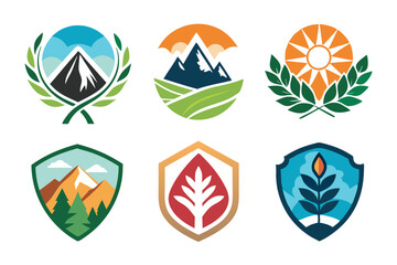 Six Colorful Nature-Themed Logos with Mountains, Sun, and Plants