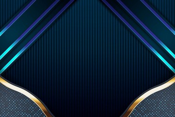 Abstract blue and gold geometric background with diagonal stripes, dots, and a wavy edge.