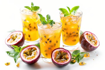 Fototapeta premium Chilled passion fruit juice on white background