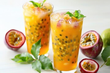Fototapeta premium Chilled passion fruit juice on white background