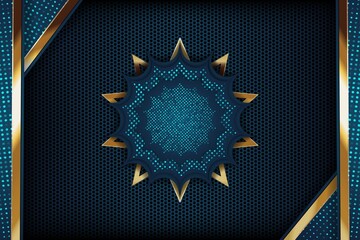 Abstract blue and gold geometric background with hexagon pattern.