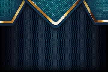 Abstract blue and gold metallic geometric background with a hexagonal pattern.
