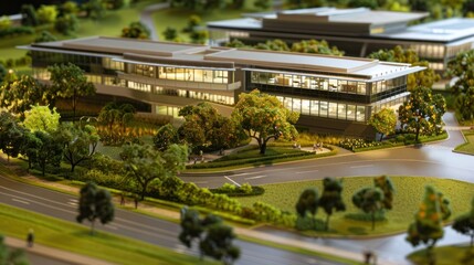 Generate a photo realistic image of a maquette depicting the expansion of a corporate headquarters with new office buildings, amenities, and landscaped grounds; ensure the image is of high resolution