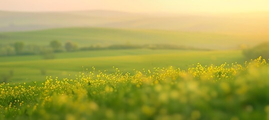 Copy Space Nature Scene: Blurred Meadow, Sunset Colors, Yellow Blooms