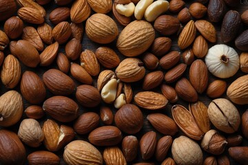 Assortment of nuts on food background.