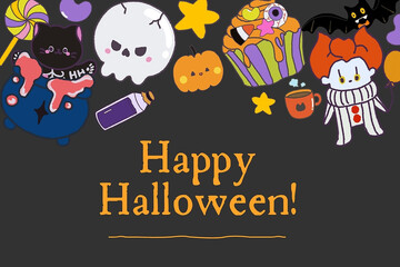 Doodle cute illustrations: pumpkin head, black cat, funny skeleton, ghosts, eyes