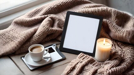 Tablet against the backdrop of home comfort. Sweater, coffee, candle and glasses