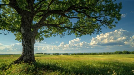 Landscape with tree, sky, and grassland, serene natural scenery.