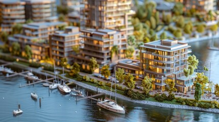 Naklejka premium Generate a photo realistic image of a maquette illustrating a waterfront development with marinas, promenades, and waterfront residences; ensure the image is of high resolution for clear