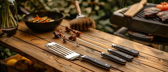 Premium BBQ Tool Set with Brushed Steel Finish on Wooden Table in Garden Setting