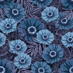 Gordijnen Bloemendesign Blue camouflage seamless pattern with lush foliage, leaves, flowers. For apparel, fabric, textile, sport goods design. Not AI  © OA_Creation