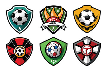 Naklejka premium Six Colorful Soccer Team Shield Logos with Footballs