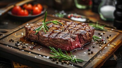 Juicy steak garnished with rosemary, salt, and pepper on a wooden board, ideal for gourmet food photography.