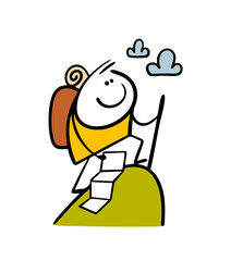Doodle successful male tourist with a heavy backpack climbed to the top of the mountain and admires the clouds. Vector cartoon illustration of man who has achieved success. Hiking in nature.