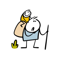 Cartoon tired father carries a backpack and a happy child on his shoulders. Vector illustration of a family camping trip. Doodle funny man with a cane and children travel in the field.