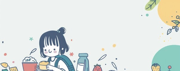 A girl is eating food and there is a backpack in the background