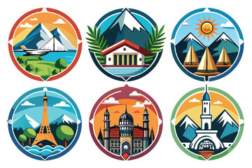 Six Circular Icons Depicting Different Travel Destinations