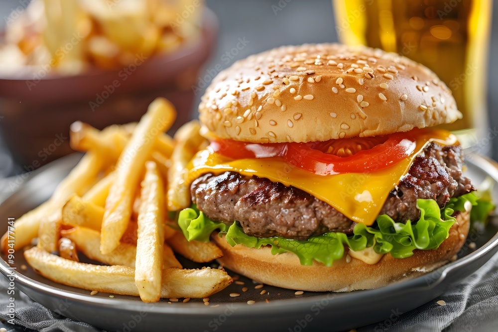 Wall mural Delicious cheeseburger with fries, perfect for fast food advertisements and restaurant menus.