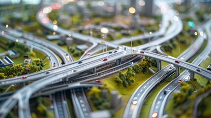 Generate a photo realistic image of a maquette showcasing a transportation network with highways, railways, and transit stations; ensure the image is of high resolution for clear and detailed quality
