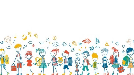 A group of children are holding hands and walking together. Concept of unity and togetherness among the children