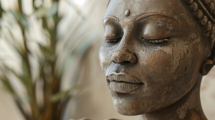 Obraz premium Meditating Sculpture with Closed Eyes, Peaceful Expression, Natural Background, and Earth Tones for Tranquil and Zen Design Concepts in Wellness and Art Themes, 3D Render