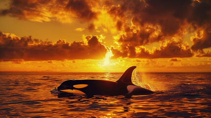 An orca swimming under the majestic sunset view. Golden hour over the ocean. 