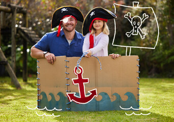 Backyard, pirate and dad with child in box with creativity for playing, pretend games and fun. Family, illustration and father with girl bonding, relax or costume for fantasy captain boat adventure © CineLens2024/peopleimages.com