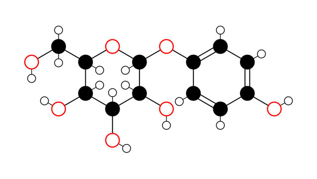 alpha-arbutin molecule, structural chemical formula, ball-and-stick model, isolated image a-arbutin