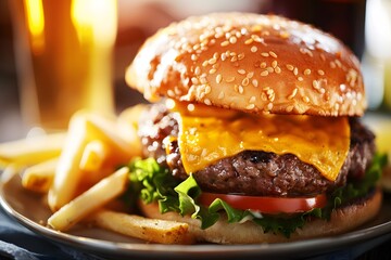 Delicious cheeseburger with fries, perfect for fast food advertisements and restaurant menus.