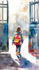 A girl wearing a red backpack walks through an open gate. The scene is painted in watercolor, and the girl appears to be walking towards a building