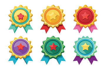 Six Colorful Star-Shaped Award Ribbons with Different Colored Ribbons
