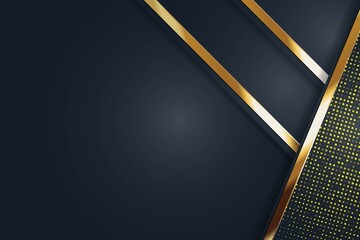 Abstract geometric background with gold stripes and yellow dots on black.