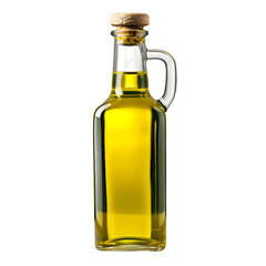 Olive oil bottle with olives and green leaves isolated on transparent background PNG
