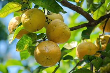 Bael fruit hanging from tree viewed at low angle