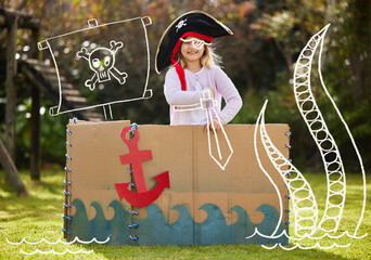 Naklejka premium Garden, pirate and portrait of child in box with creativity for playing, pretend games and fun. Family, backyard and happy girl for cruise, voyage and adventure for fantasy, captain boat and costume