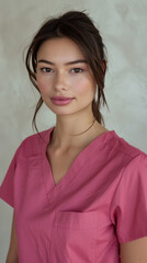 Young Healthcare Professional Posing Confidently in Pink Scrubs Against Minimalist Background
