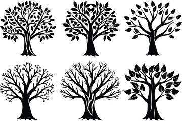 Six Black Silhouette Tree Designs