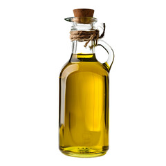 Pure Olive oil bottle with olives and green leaves isolated on transparent background PNG