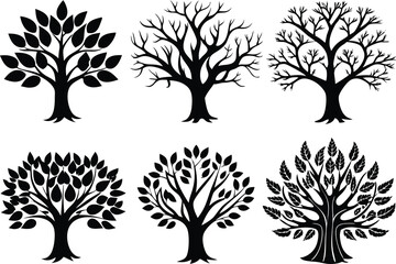 Six Black Silhouettes of Different Tree Types