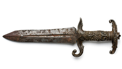 Obraz premium Rusty Antique Dagger with Ornate Handle Isolated on white background