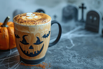 A spooky Halloween coffee cup with pumpkin decor, featuring a smiling jack-o'-lantern design, perfect for festive celebrations.