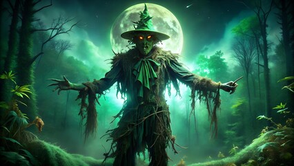The Emerald Guardian: A Glowing Scarecrow in a Moonlight Forest  Generative AI