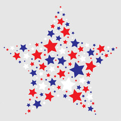 Red, white and blue stars forming a large star shape on a light grey background. Creating a bold and patriotic pattern. Flat lay design for greeting card, poster, banner and print.