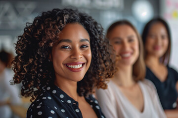 Fototapeta premium A portrait of a business team of women in the office, showcasing their professionalism and teamwork. The group represents leadership, collaboration, and success in a modern work environment