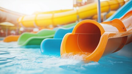 Colorful water slides at a sunny amusement park pool during summer afternoon.